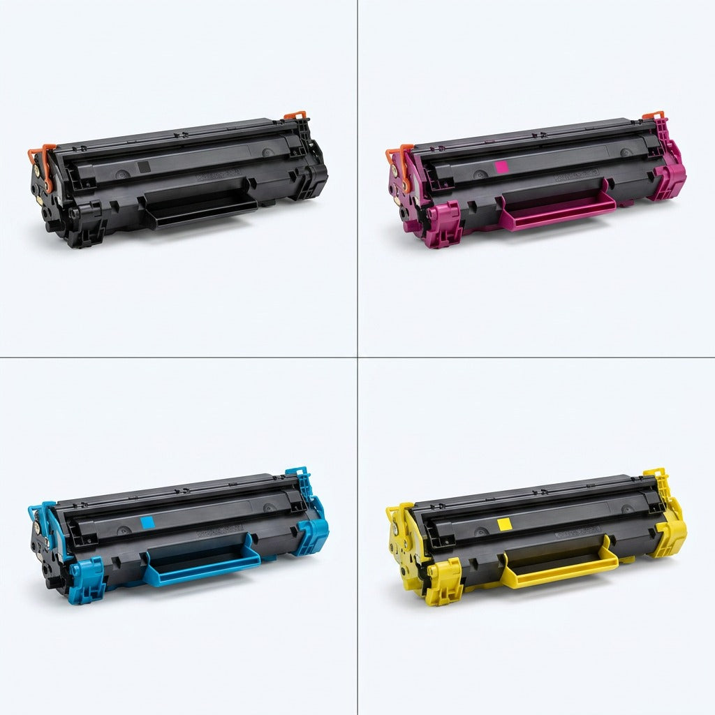 Grid of four HP 643A remanufactured toner cartridges in black, magenta, cyan, and yellow colors.