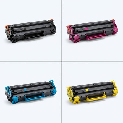 Grid of four HP 643A remanufactured toner cartridges in black, magenta, cyan, and yellow colors.