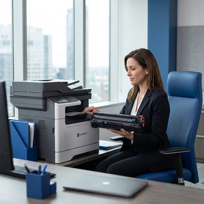 Woman in a professional office setting holding a cyan toner cartridge for a Lexmark printer.