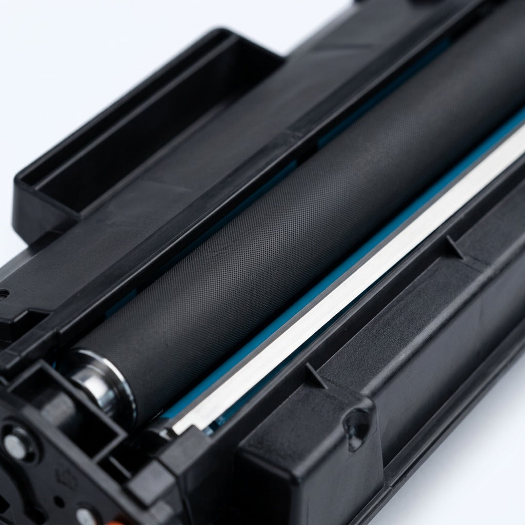 Macro detail of the developer roller and metal blade on a remanufactured HP 643A cyan toner.
