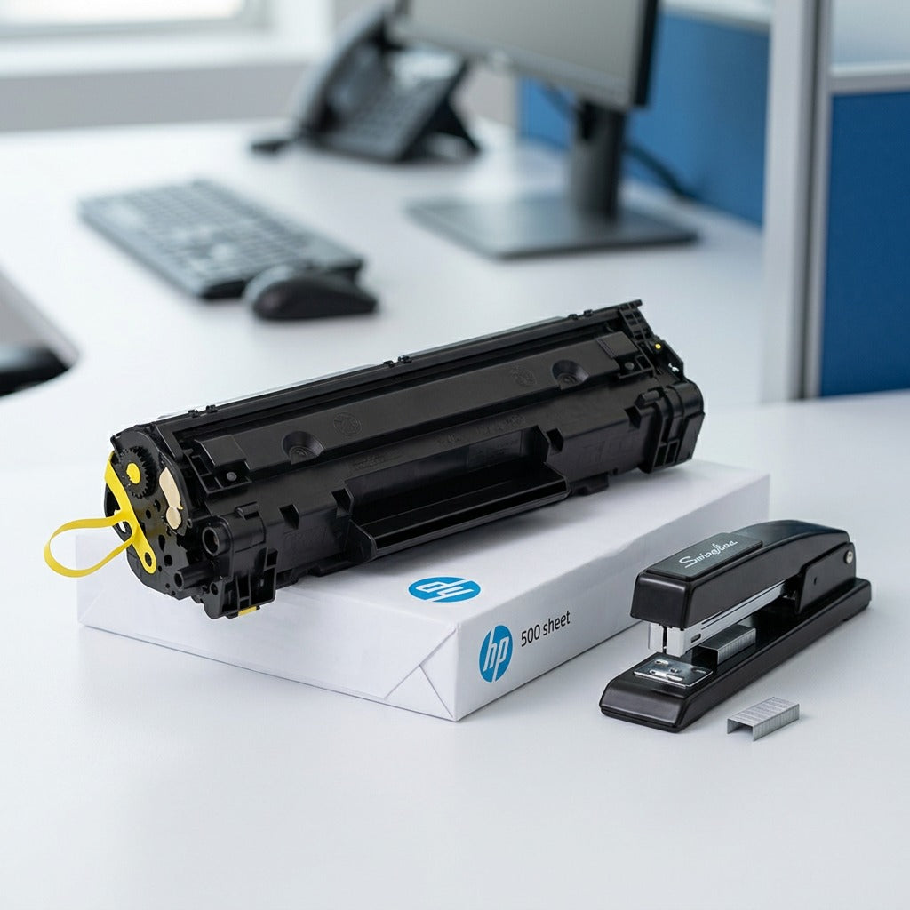 Yellow HP 646A CF032A toner cartridge on a ream of paper next to a stapler for size comparison.