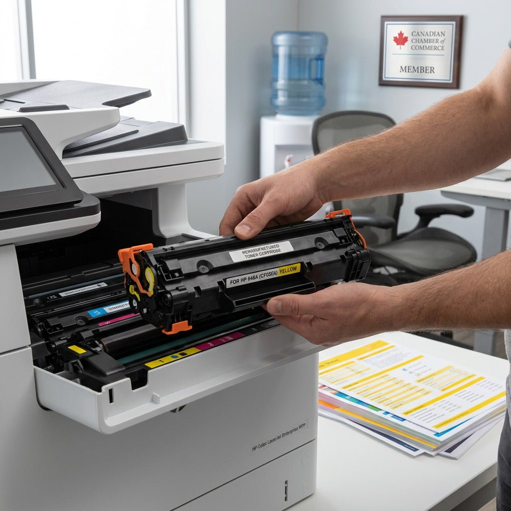 Person installing a yellow HP 646A (CF032A) remanufactured toner cartridge into an office printer.