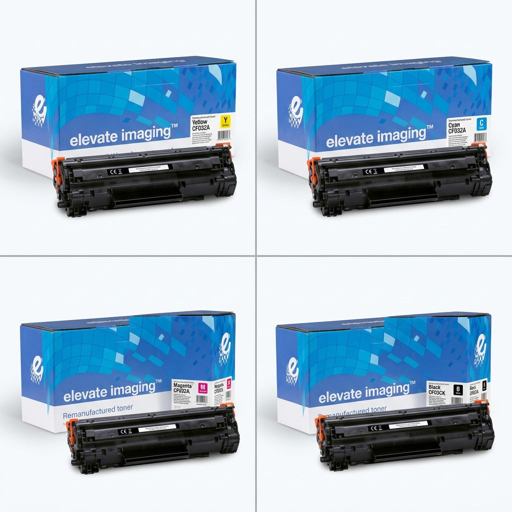 Grid showing Elevate Imaging remanufactured toner cartridges for HP 646A in yellow, cyan, magenta, and black sets.