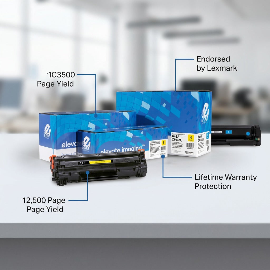 HP 646A Yellow Remanufactured Toner Cartridge with Lexmark endorsement and 12,500 page yield.