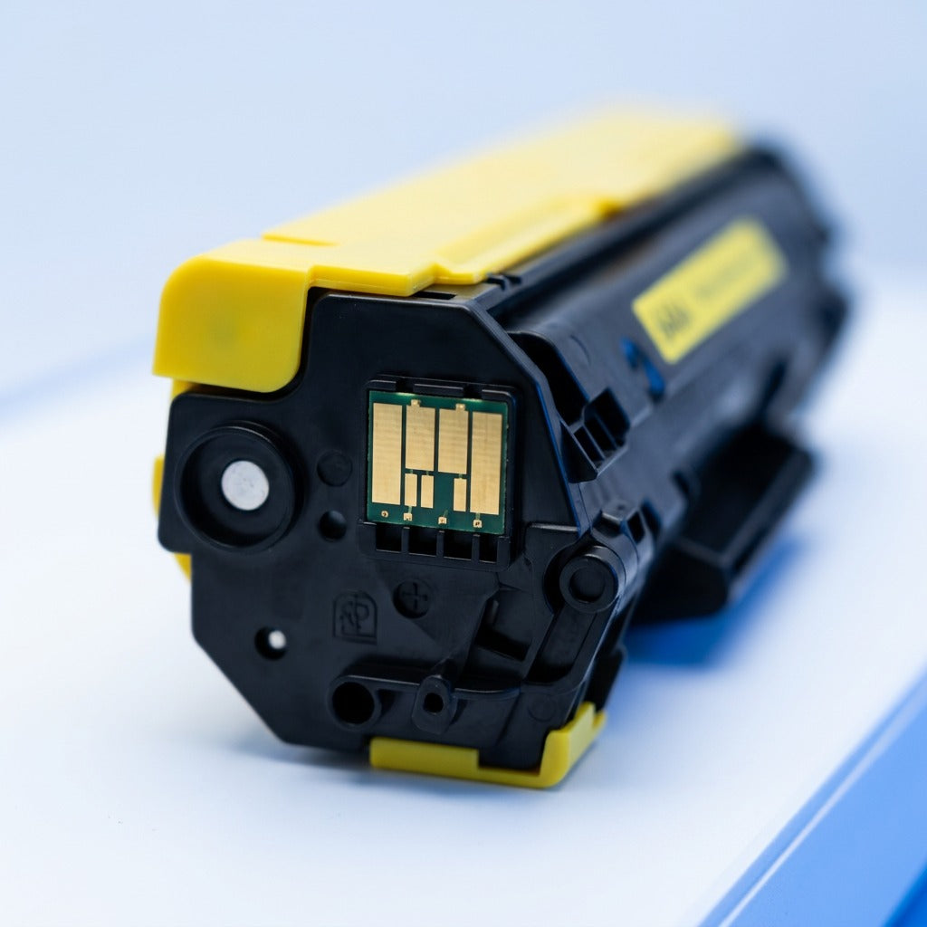 Macro close-up of the gold-plated electrical chip on an HP 646A (CF032A) Yellow Toner Cartridge.