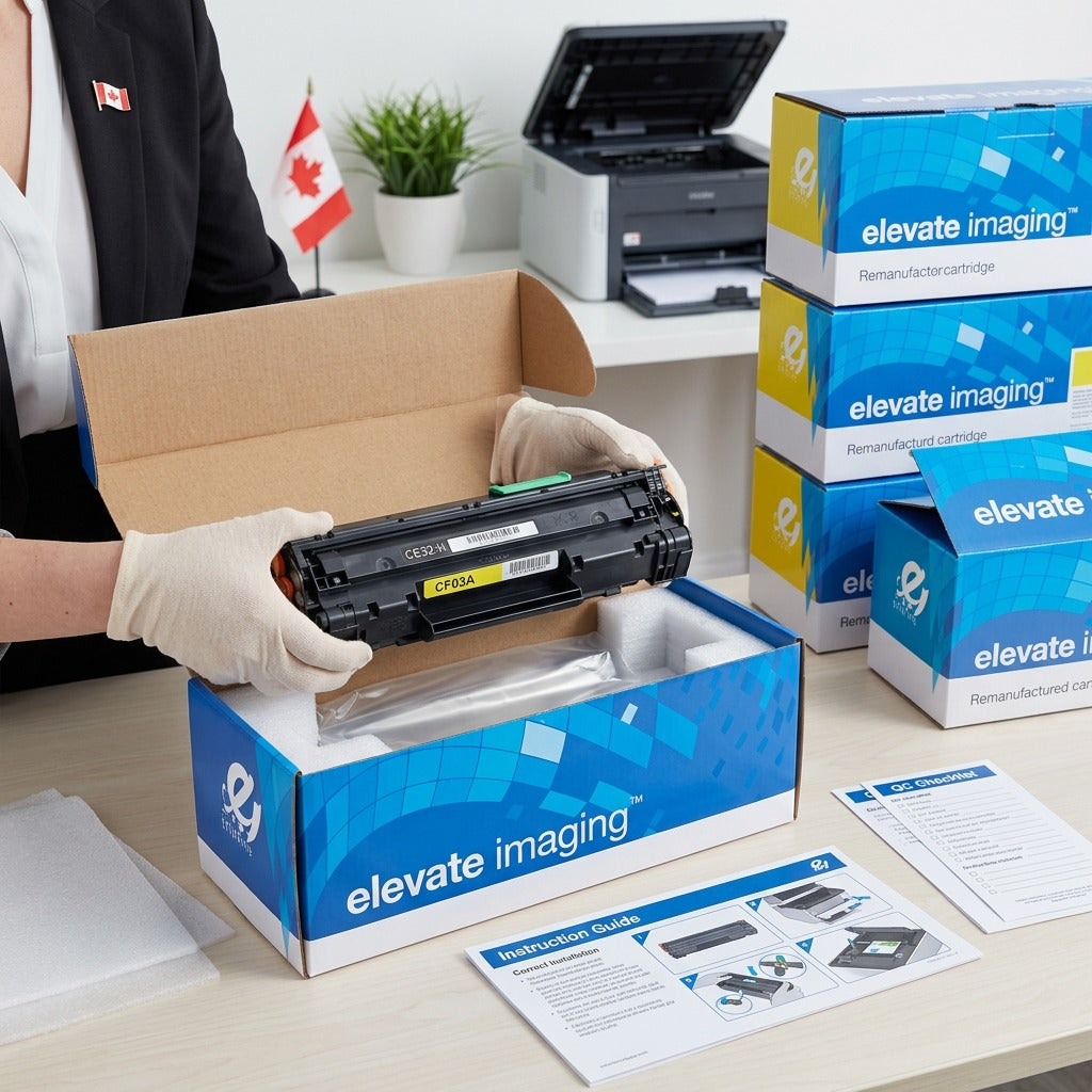 Unboxing an Elevate Imaging HP 646A Yellow Toner Cartridge from protective foam and retail box.