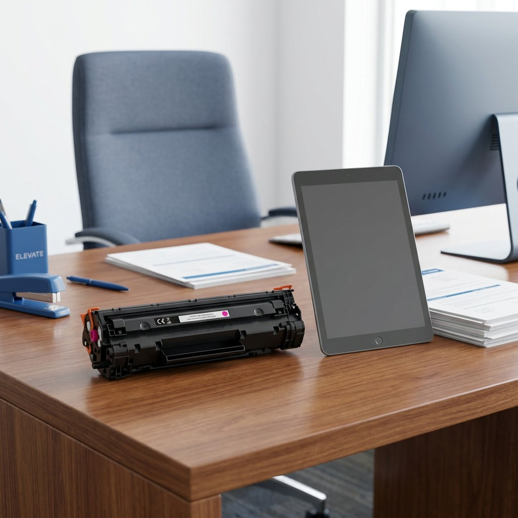 HP 648A magenta toner cartridge on an office desk next to a tablet for size reference.