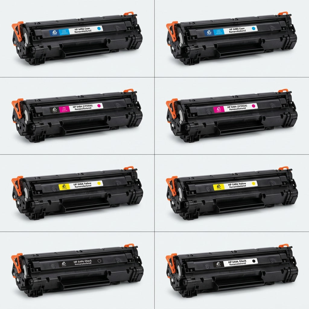 A matrix of HP 648A remanufactured toner cartridges in cyan, magenta, yellow, and black variants.