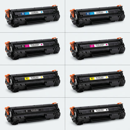 A matrix of HP 648A remanufactured toner cartridges in cyan, magenta, yellow, and black variants.