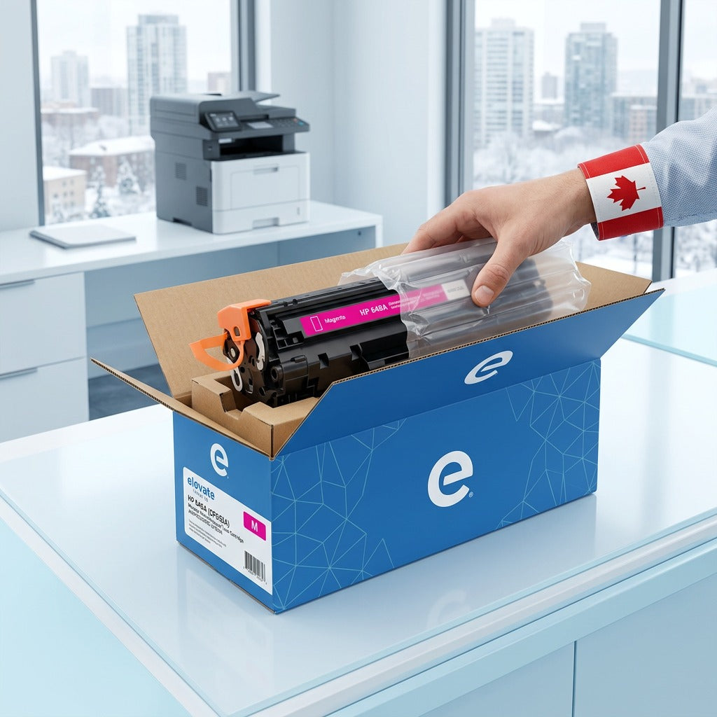 Unboxing an Elevate Imaging HP 648A Magenta cartridge from secure packaging in a bright office.