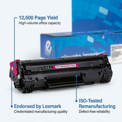Elevate Imaging magenta toner for HP 648A, featuring 12,500 page yield and ISO-tested quality.