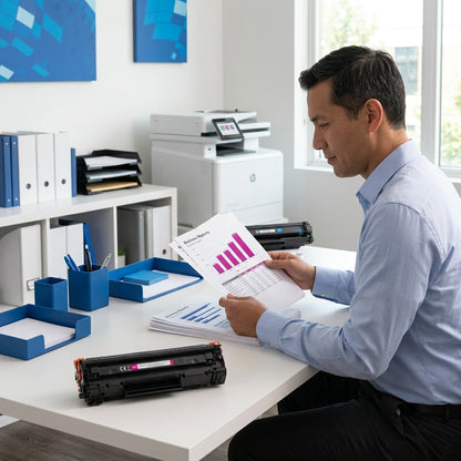 A professional reviewing magenta charts printed with an HP 648A CF033A remanufactured cartridge.