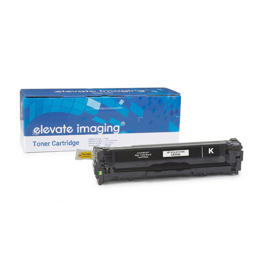 Elevate Imaging remanufactured HP 131X (CF210X) high yield black toner cartridge and product box.