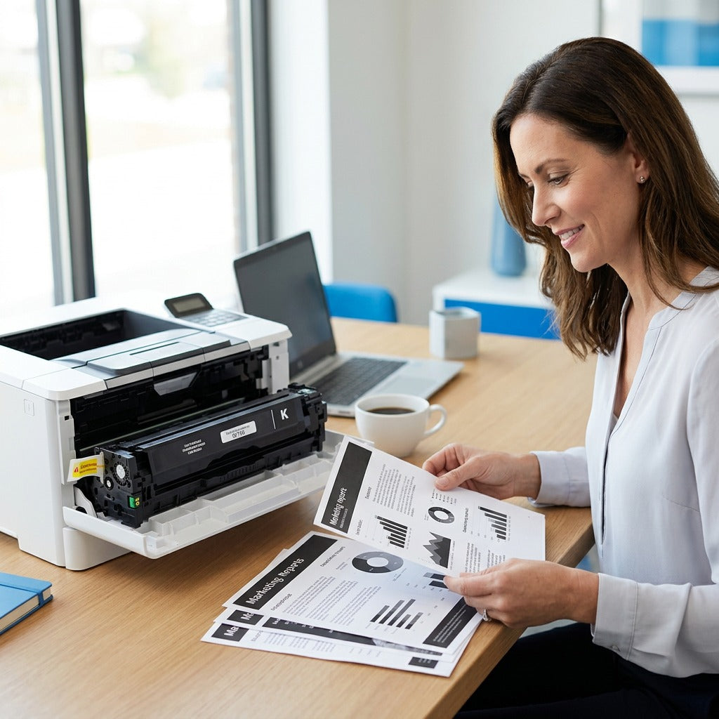 Professional in an office reviewing sharp black and white reports printed using an HP 131X toner.