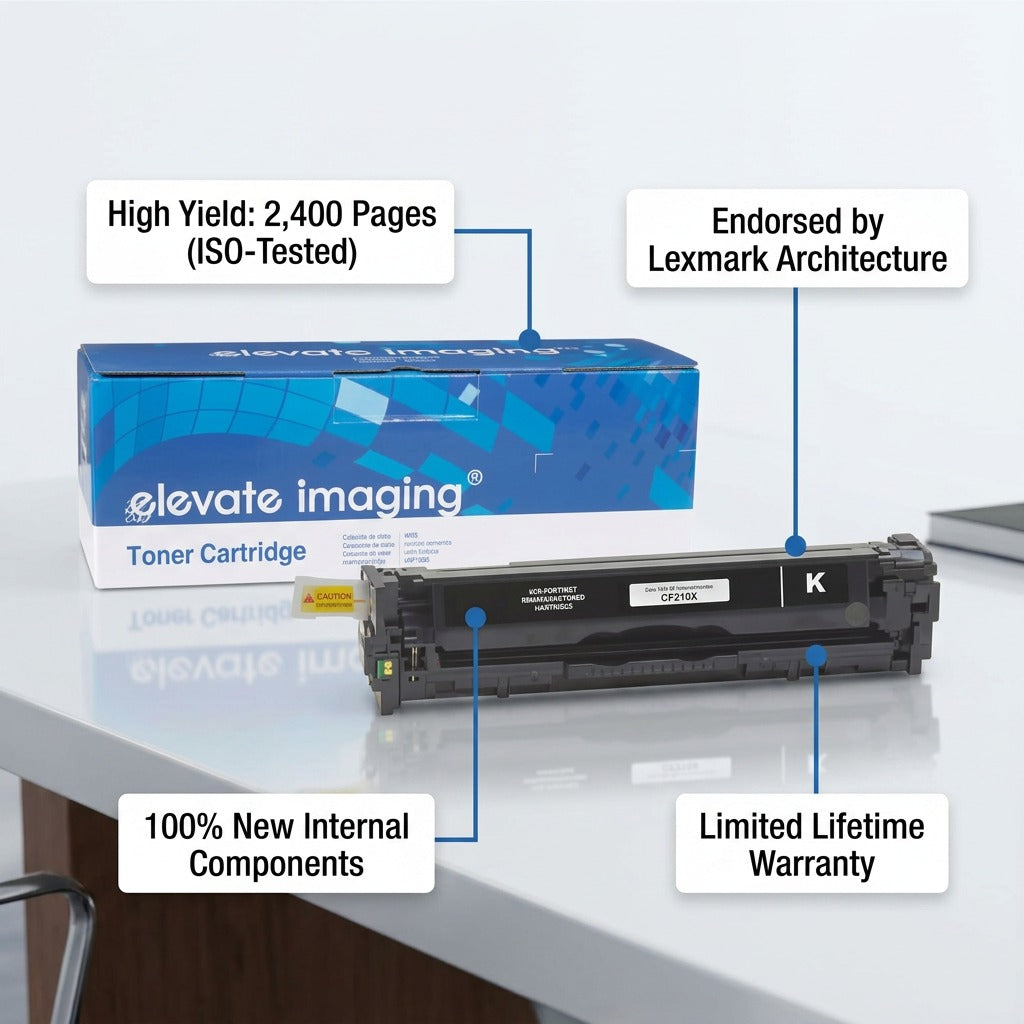 Elevate Imaging HP 131X CF210X toner cartridge with 2,400 page yield and Lexmark endorsement.