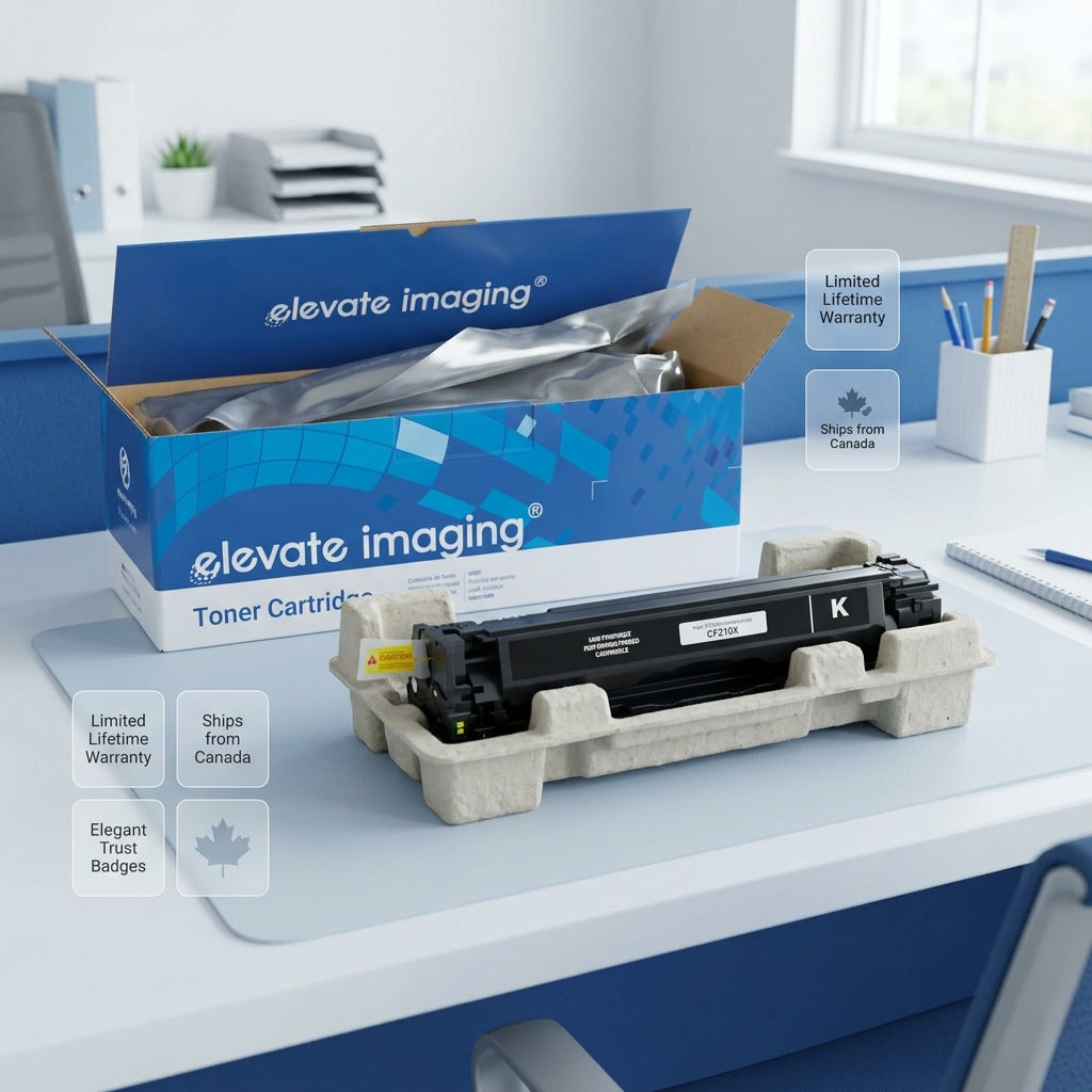 Elevate Imaging HP CF210X toner cartridge unboxed on a desk with protective packaging and brand trust labels.