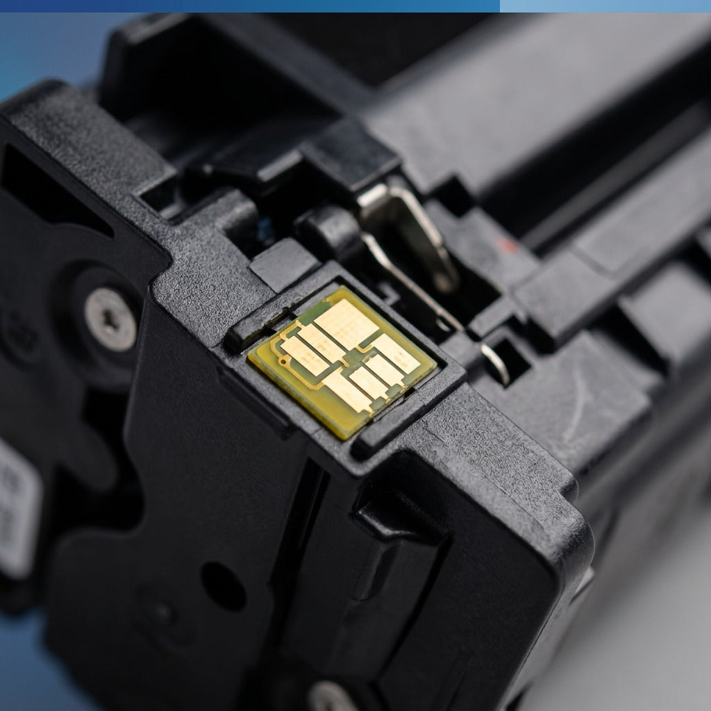 Macro detail of the gold electrical contact chip on an HP 131X (CF210X) remanufactured black toner.