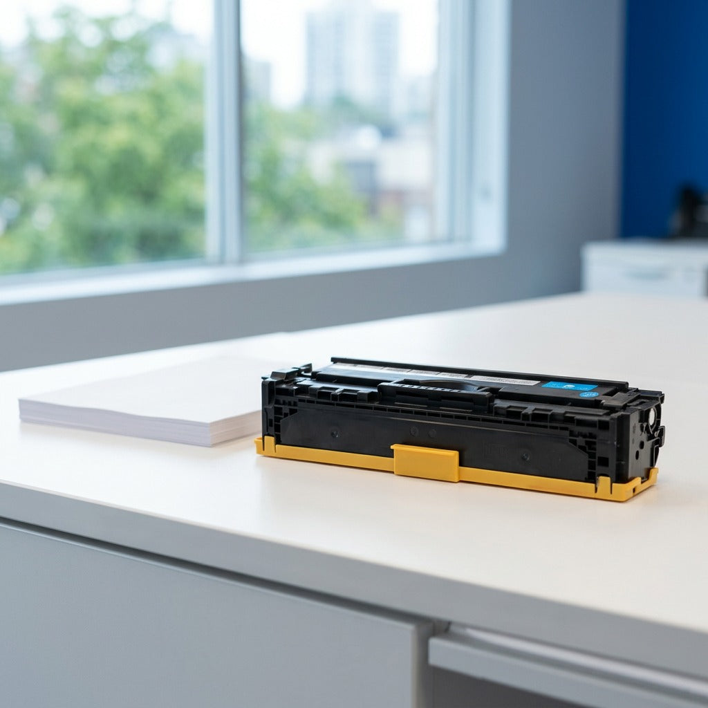 Scale reference: Elevate Imaging HP 131A Cyan remanufactured toner cartridge on a white desk next to a stack of A4 paper.