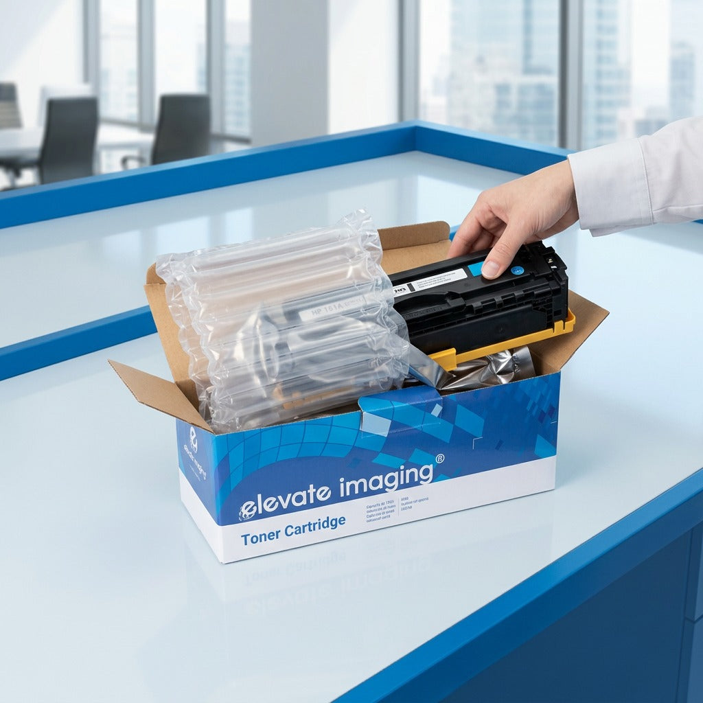 Unboxing Elevate Imaging cyan toner cartridge from protective air cushion and static shield bag.