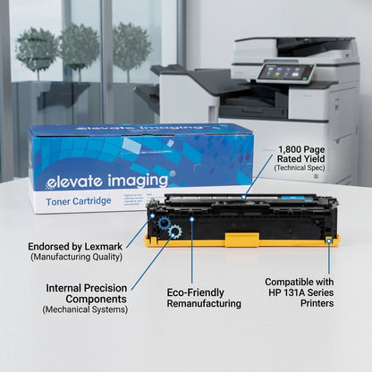 Elevate Imaging cyan toner cartridge for HP 131A printers, showing 1,800 page yield and features.