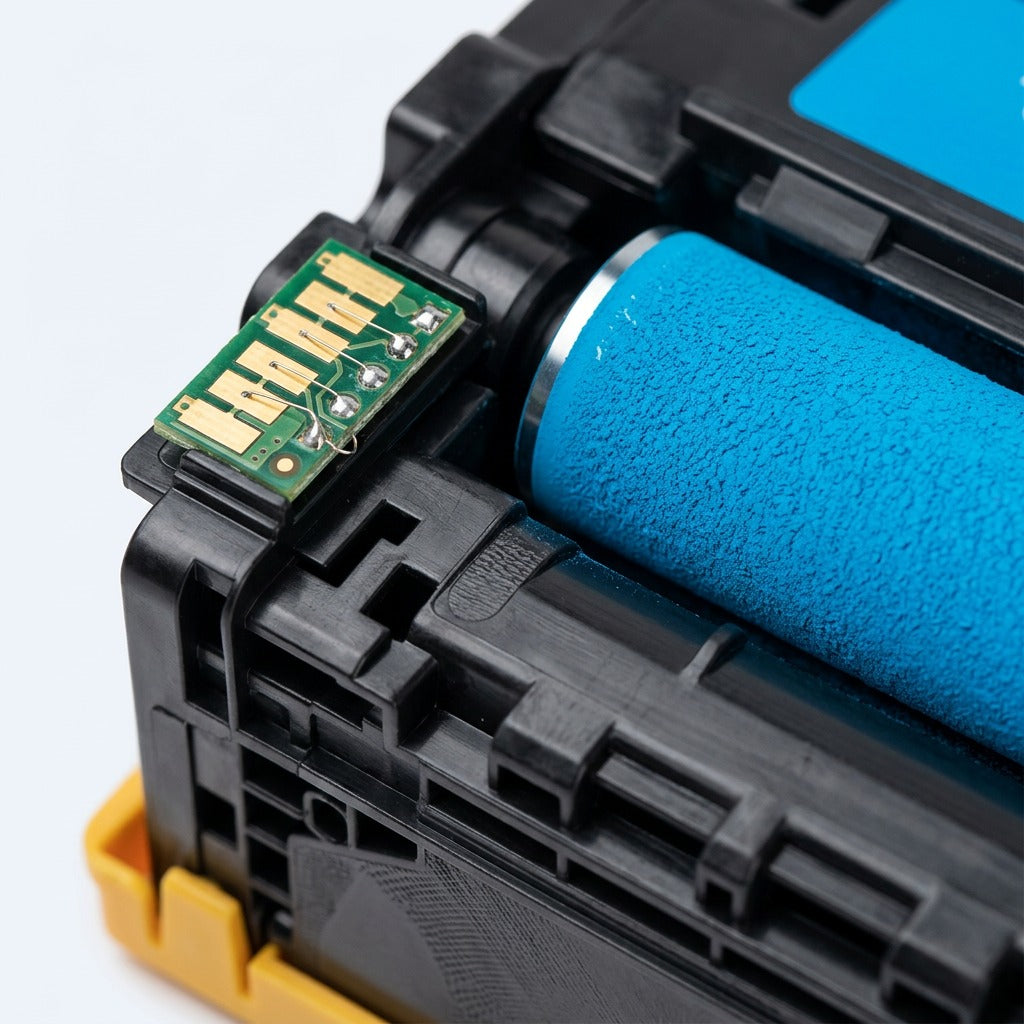 Macro detail of HP 131A CF211A Cyan Toner Cartridge showing contact chip and developer roller.
