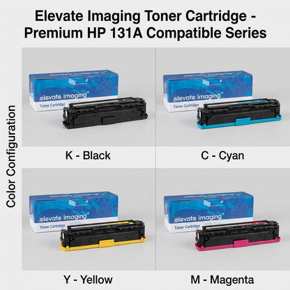 A matrix of Elevate Imaging HP 131A toner cartridges in black, cyan, yellow, and magenta variants.