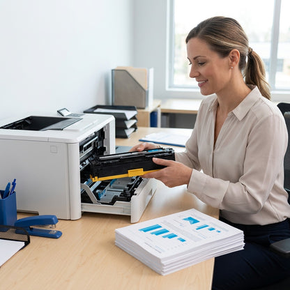 A professional installs an Elevate Imaging HP 131A Cyan toner cartridge into a LaserJet printer.