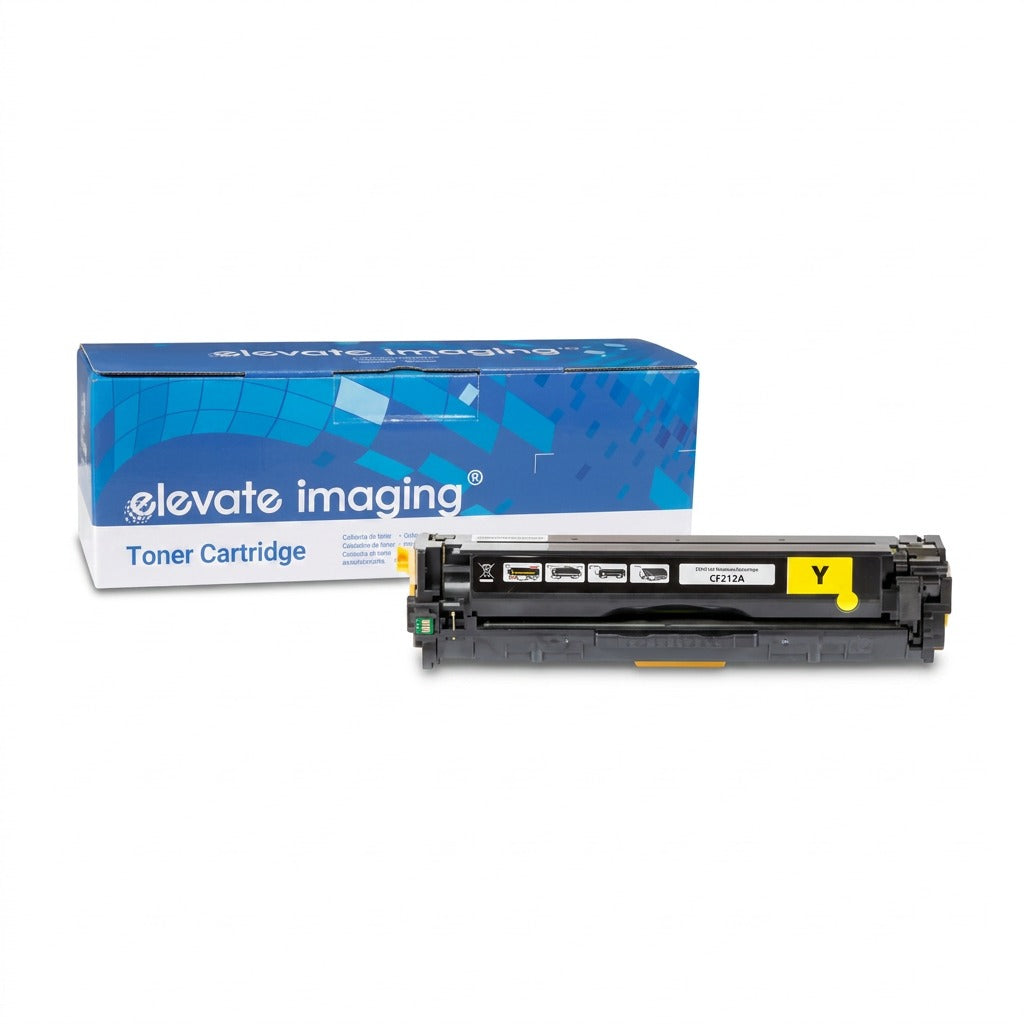 Elevate Imaging yellow remanufactured CF212A toner cartridge in front of its blue and white box.