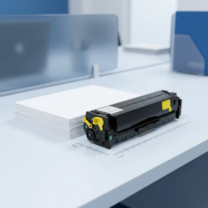 Elevate Imaging Yellow Toner Cartridge for HP 131A beside a stack of A4 paper for scale.