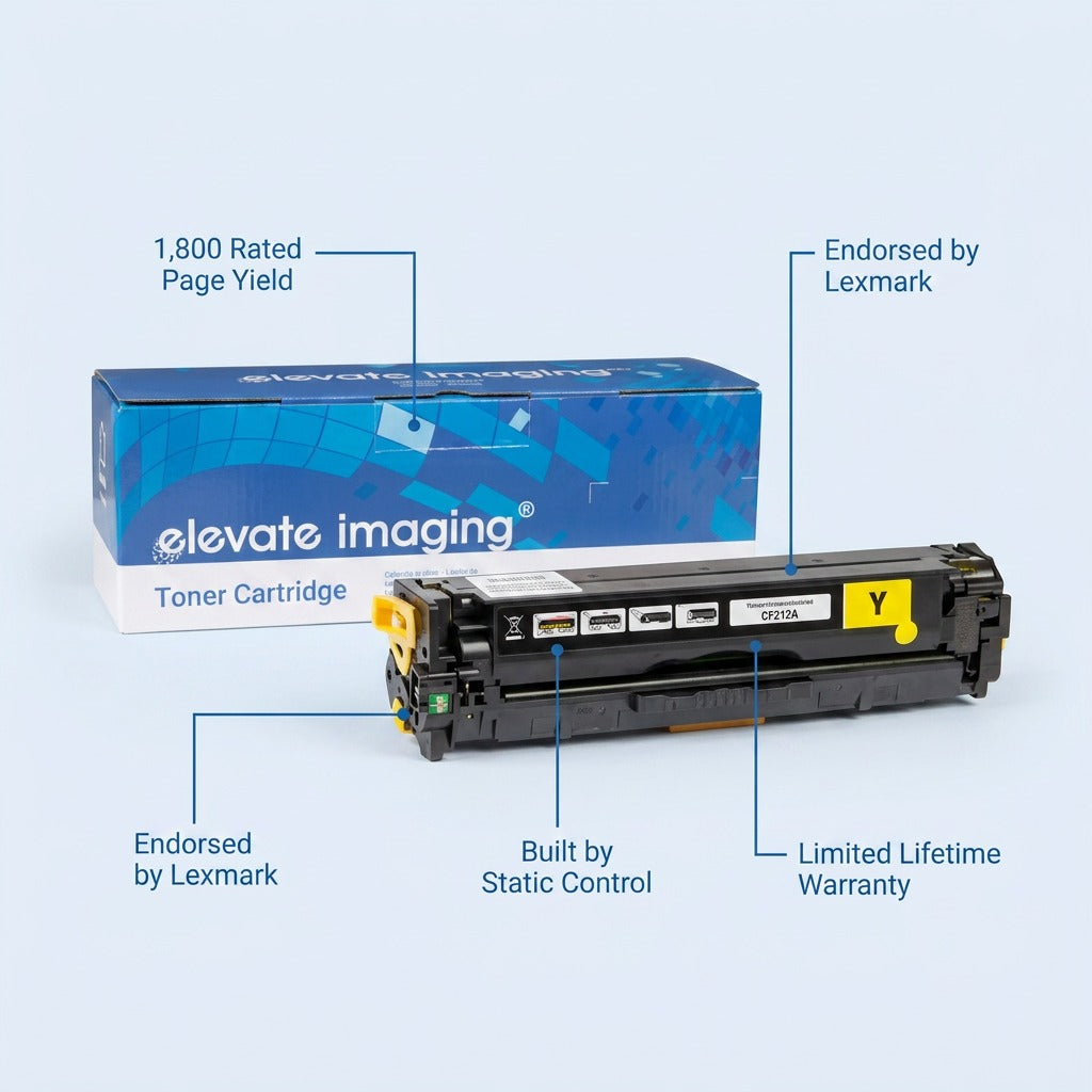 Elevate Imaging HP 131A yellow toner cartridge with feature callouts for yield and warranty.