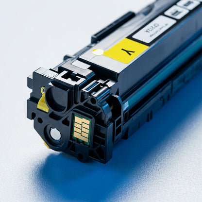 Macro view of gold electronic chip on an HP 131A (CF212A) yellow remanufactured toner cartridge.