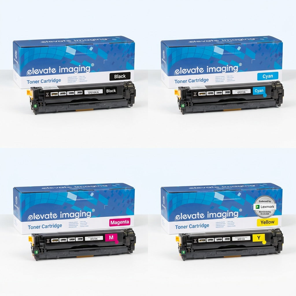 Four Elevate Imaging HP 131A remanufactured toner cartridges in black, cyan, magenta, and yellow.