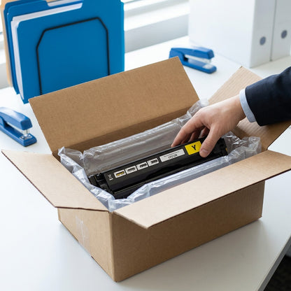 Elevate Imaging Yellow HP 131A (CF212A) toner cartridge unboxed from protective air-cushioned packaging on an office desk.