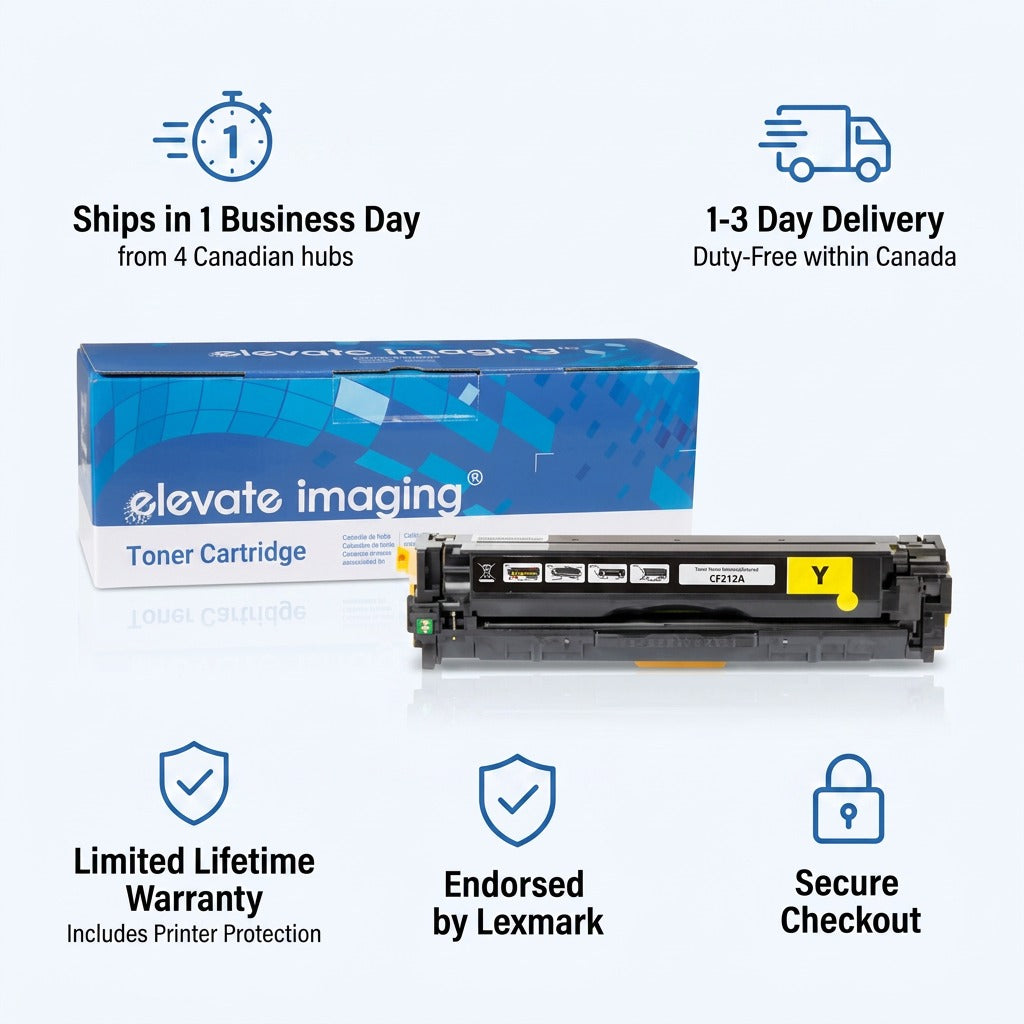 Infographic for Elevate Imaging HP 131A Yellow Toner Cartridge highlighting fast Canadian shipping.