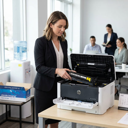 Office worker installs a yellow Elevate Imaging HP 131A CF212A toner cartridge into a laser printer.