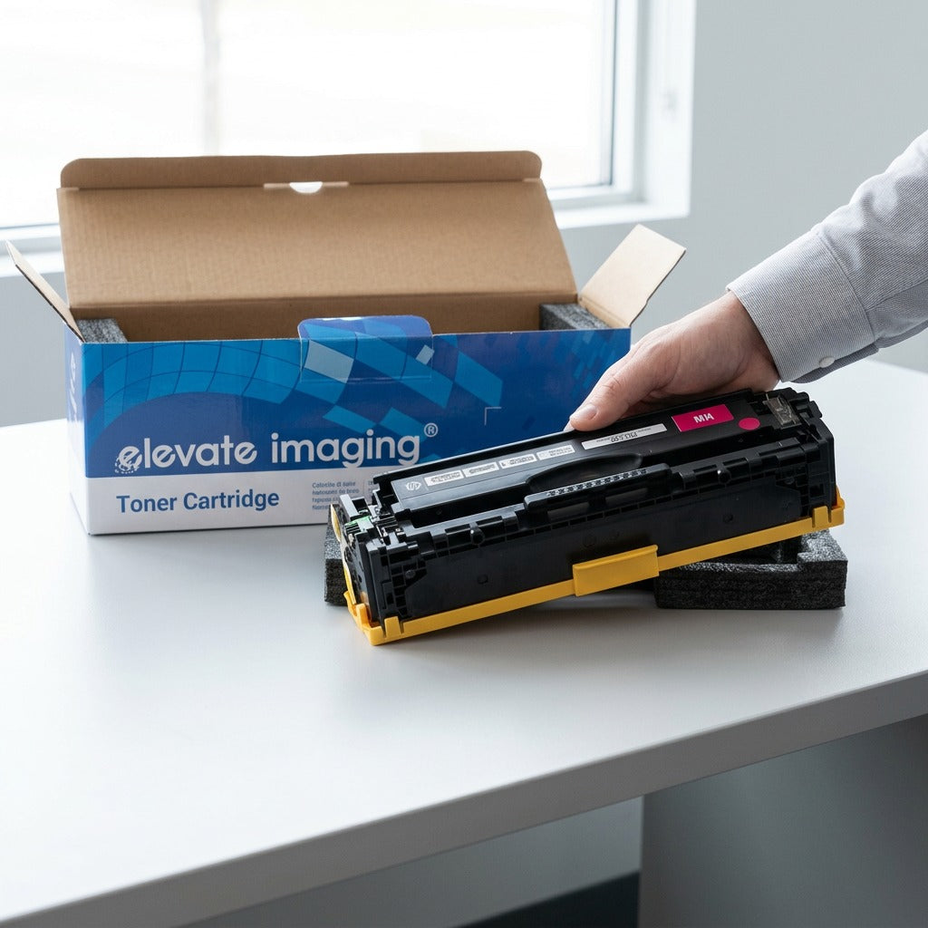Elevate Imaging magenta 131A CF213A toner cartridge being unboxed from protective foam packaging.
