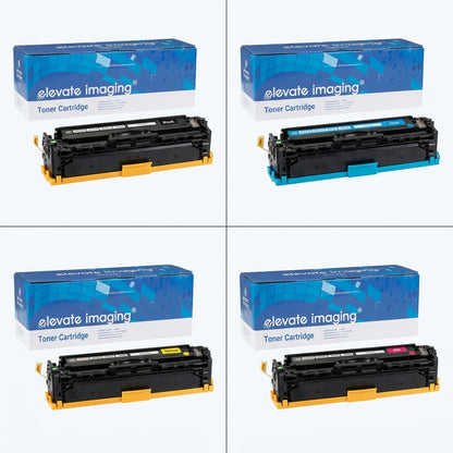 A 2x2 grid showing Elevate Imaging black, cyan, yellow, and magenta toner cartridges for HP 131A.