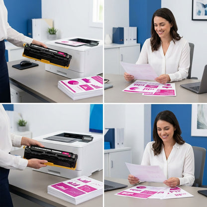 A professional handles a magenta toner cartridge next to a printer and reports with pink graphics.