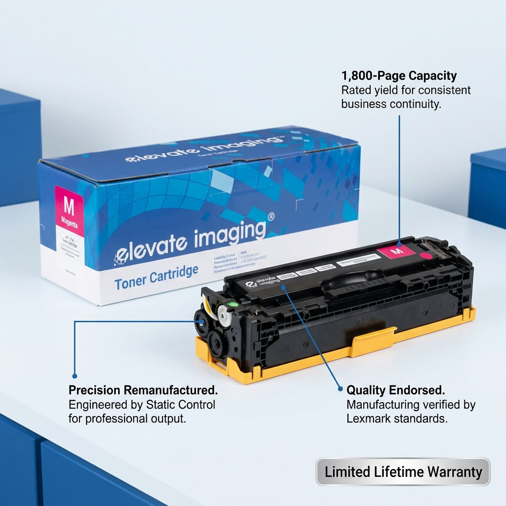 Elevate Imaging magenta HP 131A toner cartridge features 1,800-page yield and Lexmark verification.