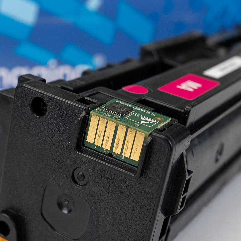 Macro view of the Static Control electronic smart chip and gold contacts on a magenta HP 131A toner.