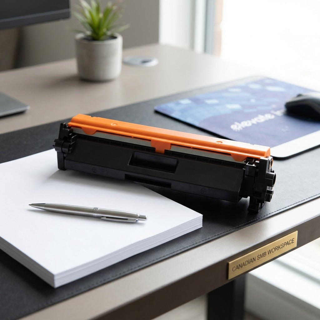 Scale of HP 17A (CF217A) black toner cartridge on a desk next to a stack of paper and an office pen.