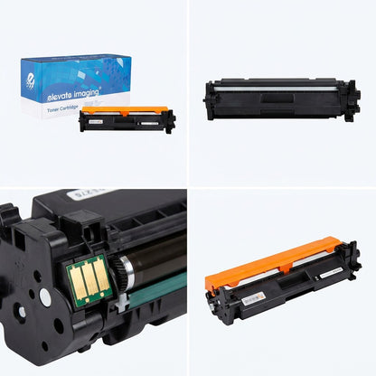 Four-grid view of Elevate Imaging compatible HP 17A (CF217A) black toner cartridge and box.