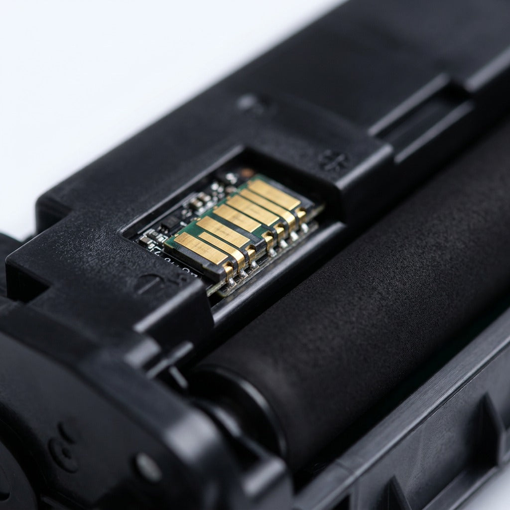 Macro detail of the gold electronic chip and developer roller on an HP 17A (CF217A) toner cartridge.