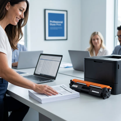Professional in a modern office reviews documents by an HP 17A (CF217A) black toner cartridge.