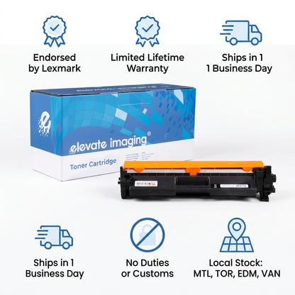 Elevate Imaging HP 17A toner cartridge infographic showcasing Lexmark endorsement and local stock.