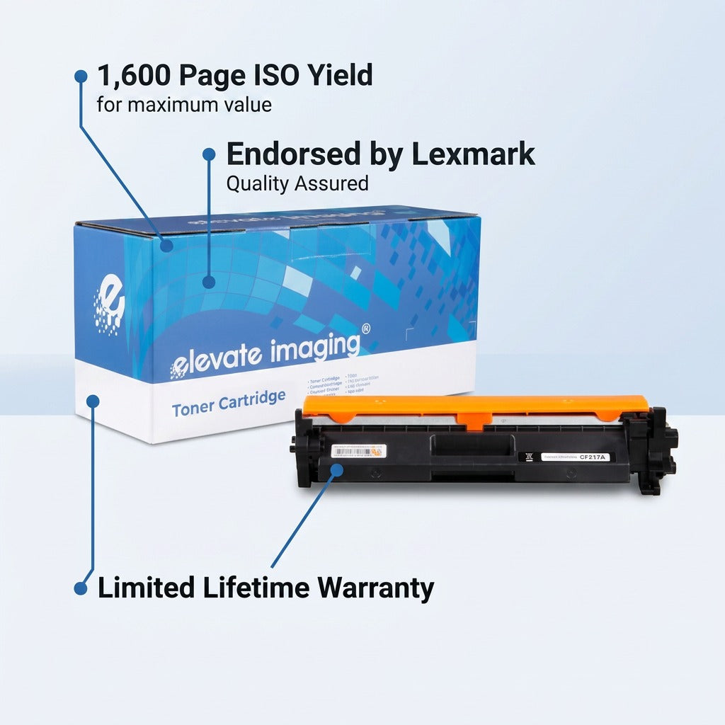 Elevate Imaging HP 17A (CF217A) toner with 1,600 page yield, Lexmark endorsement, and warranty.