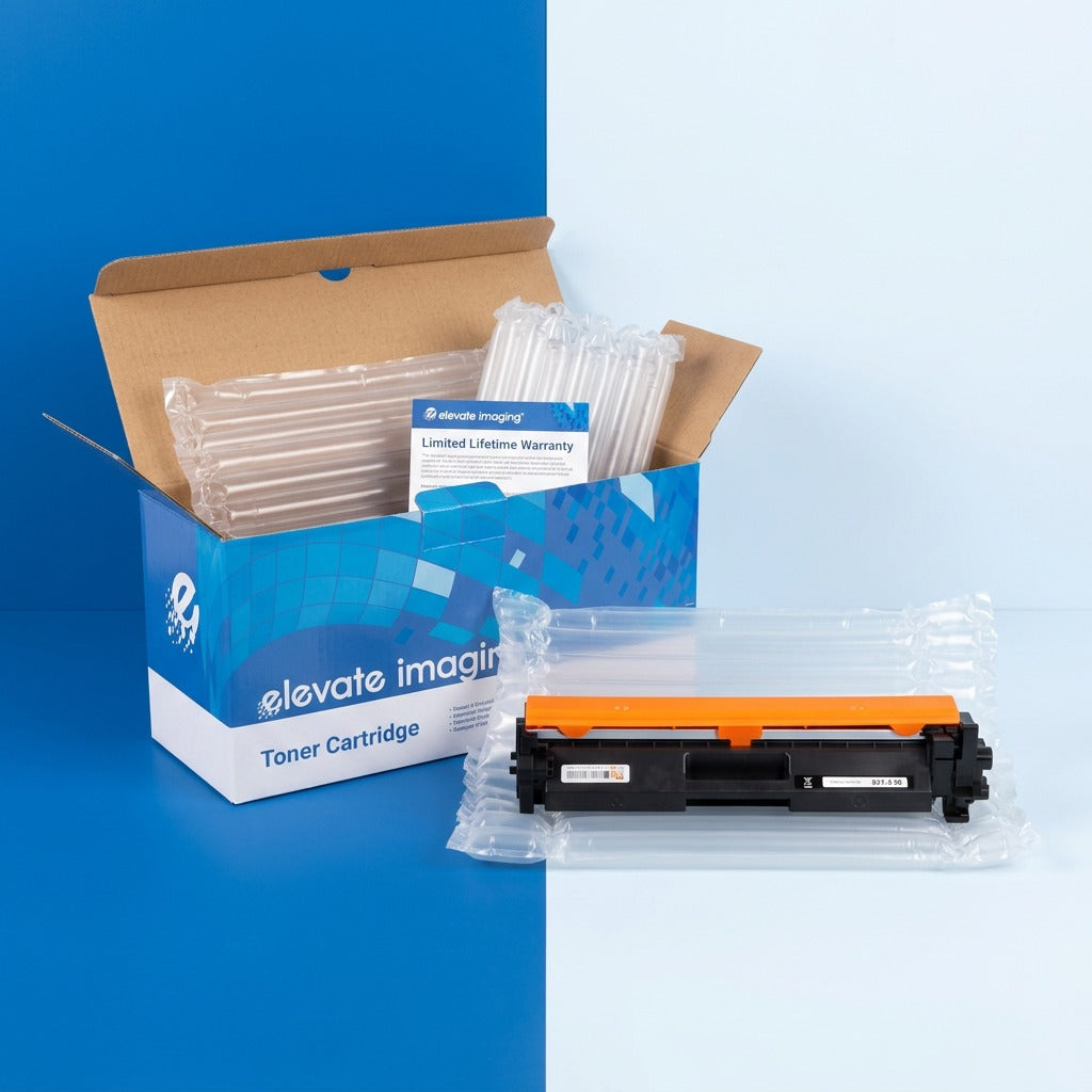 Elevate Imaging HP 17A toner cartridge unboxed with protective air cushions and warranty card.