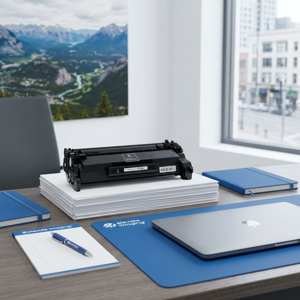 Elevate Imaging compatible HP CF226A toner cartridge on a desk next to a laptop for scale.