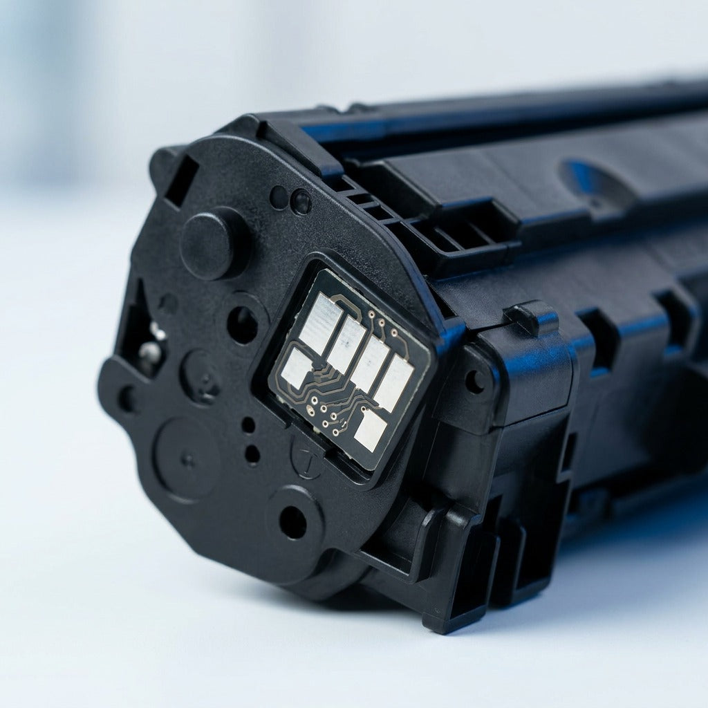 Macro detail of the electrical contact chip on an Elevate Imaging HP 26A compatible toner cartridge.