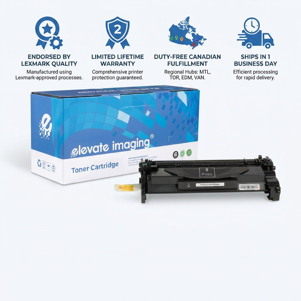 Elevate Imaging CF226A toner cartridge and box with icons for Lexmark quality and Canadian shipping.
